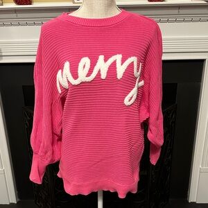 Vibrant Pink Crew Neck Sweater with Merry Script